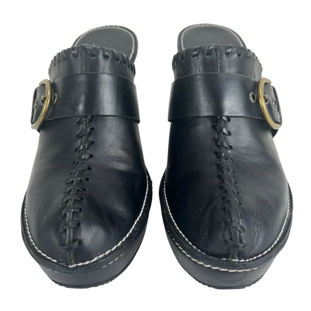Coach Women 9B Katryna Black Leather 4.5” Heeled Mules‎ Clog Buckle & Fringe